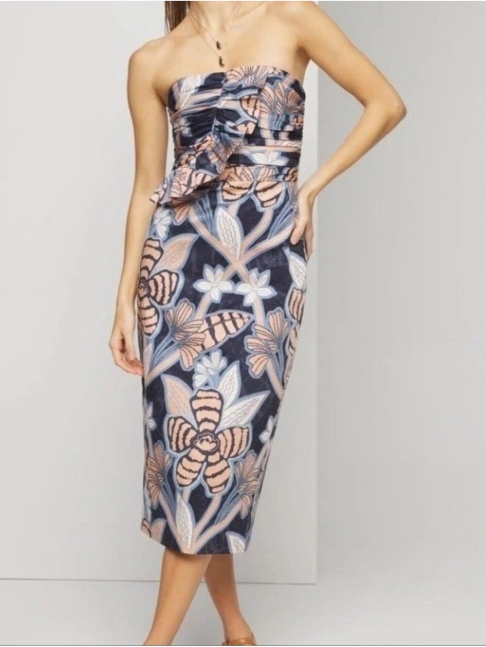 White House Black Market Floral Pencil Skirt - Navy, Tan, Cream